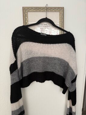Hot Topic Cropped Striped Crew Sweater - Black, Gray, Cream